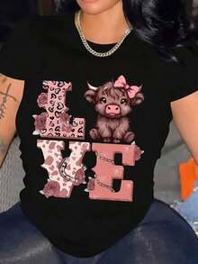 Camiseta Casual de Mujer Estilo Love Highland Cow, Manga Corta, Algodón, Cuello Redondo, Estilo Casual - Negro - Ver 7