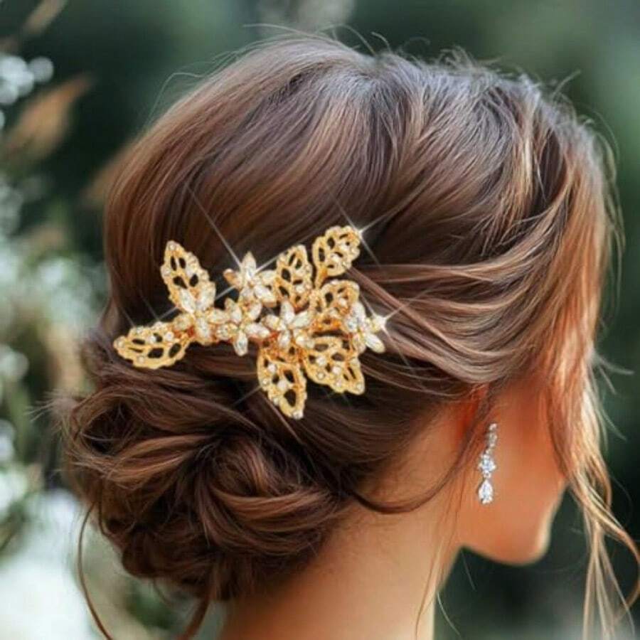 QY- Gold Bridal Hair Comb Crystal Flower Hair Pieces Rhinestone Wedding Hair Accessories For Women -6108 - 如圖 - 查看 1