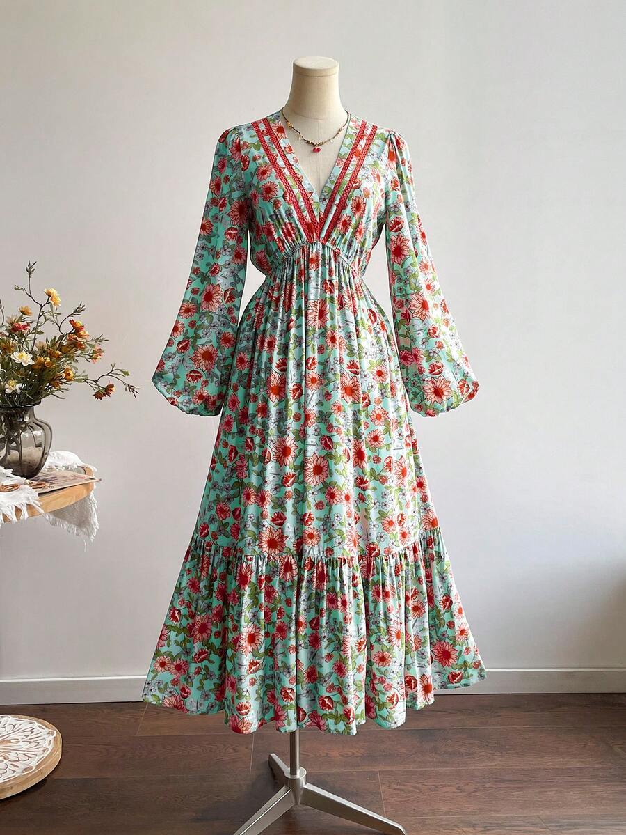 Rusttydustty Robe longue à manches bouffantes et col en V style rétro floral, vêtements de croisière style bohème pour femmes, design floral long, idéal pour Noël, le Nouvel An et la Saint-Valentin
