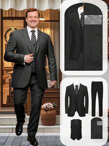 Men's Plus-Size Suit Set, Slim Fit Formal Suit With Vest & Pants, Includes Garment Bag, Ideal For Business, Wedding, Prom - 黑色 - 查看 1