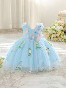 Baby Girls V-Neck 3D Floral Embroidered Mesh Princess Dress, Suitable For Birthday Party, Flower Girl, Wedding, Without Headband