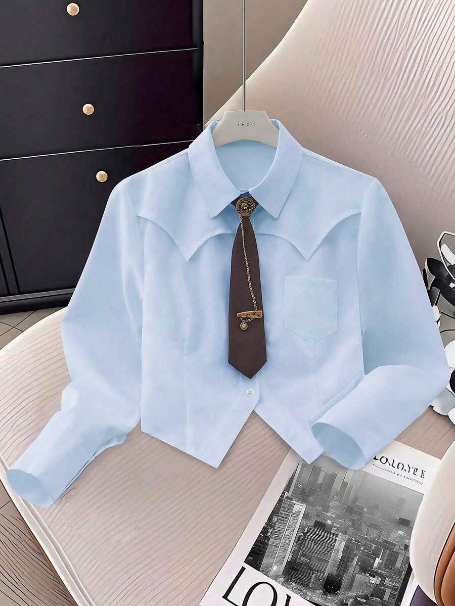 Women's Striped/White/Black Asymmetrical Hem Shirt With Tie: It Combines Vintage Western, Retro, And Casual Styles, And Is Very Suitable For Fashionable Women In Daily And Dating Occasions, As Well As For Students Returning To School And Campus Parties. - 淺藍 - 查看 1