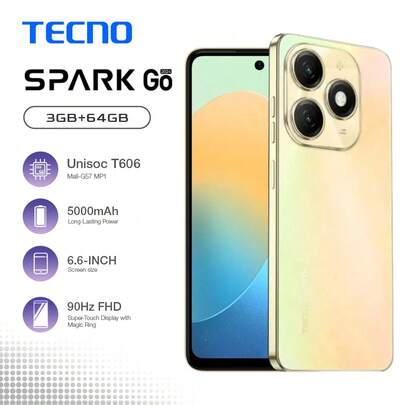  Tecno Spark Go 2024 3+64GB Android T-Go T606 - golbal Version3GB RAM 64GB Dual SIM 4G 6.6" 90Hz Display 13MP HDR Portrait Camera 5000mAh