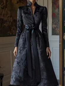 Plus Size Women's Elegant Floral Jacquard V-Neck Long Sleeve A-Line Dress, Black, Spring/Autumn - 黑色 - 查看 3