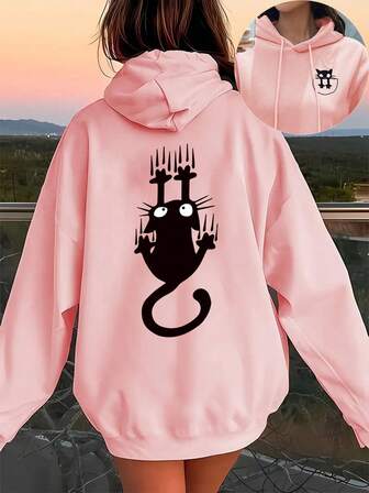 大码女式学院风小猫口袋黑猫图案连帽长袖休闲春夏秋季女式大码长袖连帽卫衣万圣节外出上衣女式度假装