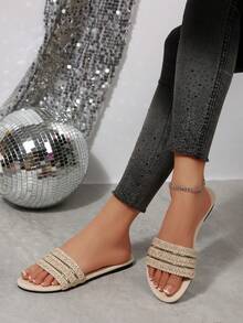 1 Pair Beige Woven Metal Strap Decor Sandals, Comfortable Soft Sole Slides For Teens, Versatile Summer - Apricot - View 5