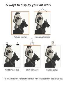 1 pieza Impresión sin marco de modelo de moda en blanco y negro y Doberman, arte de pared urbano con estética de estilo callejero, póster moderno vintage para dormitorio, sala de estar, regalo de retrato de animal monocromo, decoración de habitación Funkyposters