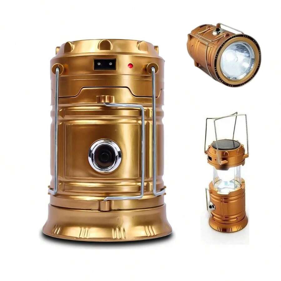 Lámpara solar compacta de acampar emergencia recargable USB entrada tipo C camping senderismo linterna resistente agua portátil batería de larga duración actividades exteriores iluminación multiusos - Dorado - Ver 1