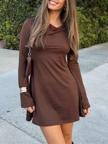 DONICY Damen Einfarbiges Kleid mit drapiertem Kragen und Gürtel, langärmlig, modischer minimalistisch eleganter brauner kurzer Minirock, geeignet für Lässig, Business, Date, Einkaufen, Konzert