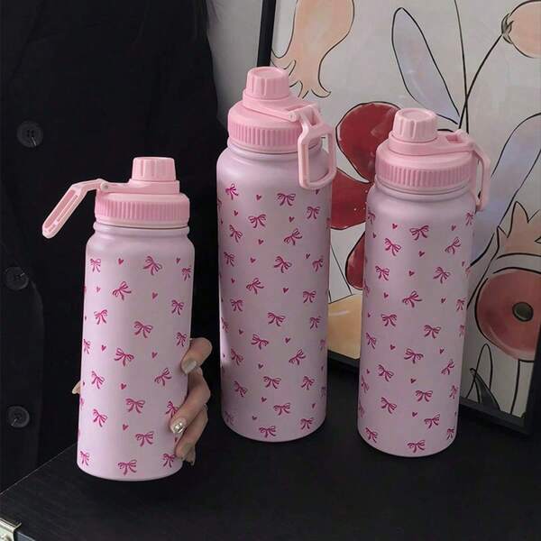 1pc 600ml/20.29oz, 800ml/27.06oz, 1000ml/33.82oz Pink Bow & Heart Series Water Bottle, Sports Thermal Bottle, Original Stainless Steel Double-Wall Vacuum Flask, Insulated Cup, Tumbler For Travel, Gym, Outdoor Activities, Car, Holiday Gift