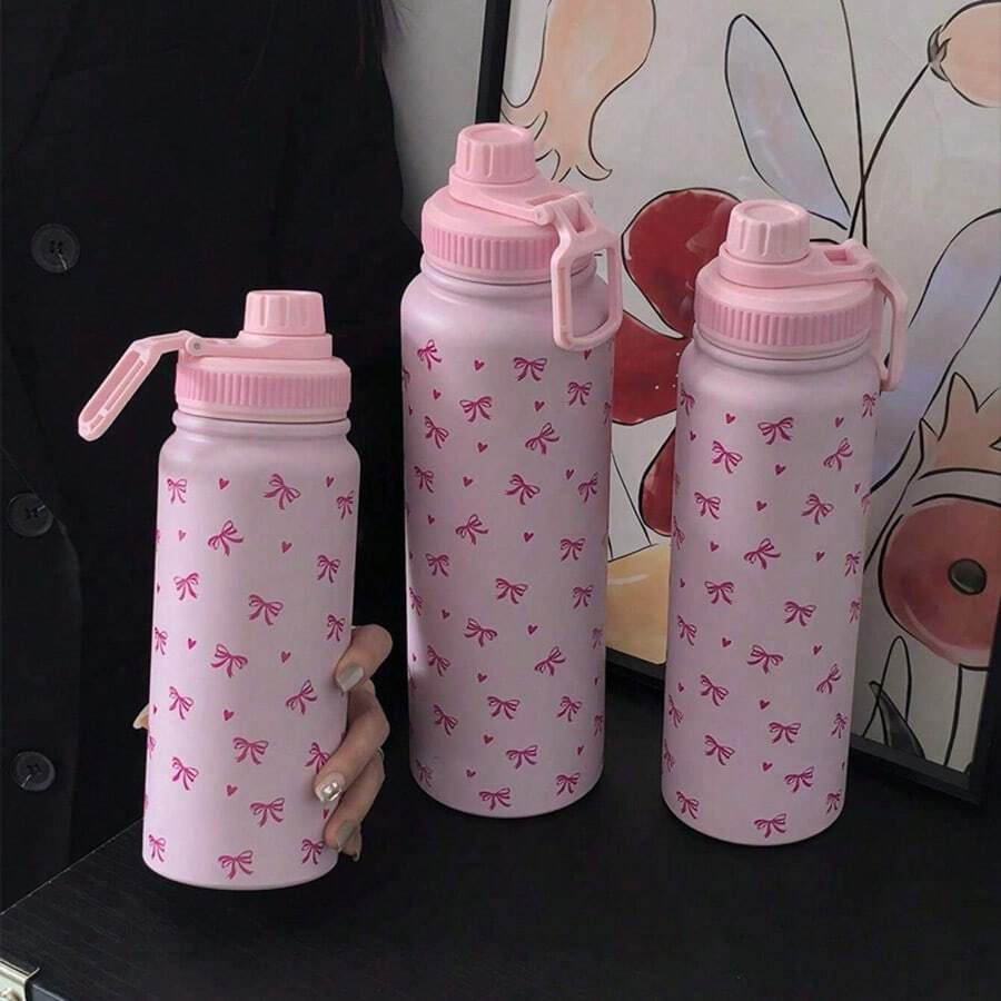 1pc 600ml/20.29oz, 800ml/27.06oz, 1000ml/33.82oz Pink Bow & Heart Series Water Bottle, Sports Thermal Bottle, Original Stainless Steel Double-Wall Vacuum Flask, Insulated Cup, Tumbler For Travel, Gym, Outdoor Activities, Car, Holiday Gift - Bowknot Floral - View 1