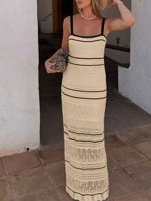 女士优雅简约黑米条纹无袖修身针织连衣裙，休闲镂空紧身钩针连衣裙，春夏秋季