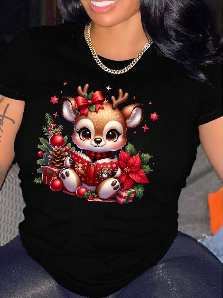 Camiseta de manga corta con cuello redondo para mujer con estampados navideños, incluyendo renos, regalos y lazos rojos, así como muñecos de nieve, copas de vino, gorros de Navidad y hombres de jengibre. Estilo urbano, camiseta estampada de manga corta, prenda casual y linda, moda femenina, ideal para Navidad y Año Nuevo, lavable a máquina, estilo deportivo con cuello redondo, diseño casual, perfecta para combinar en pareja, apta para todas las estaciones, transpirable y absorbente de sudor, adecuada para correr y hacer senderismo.[eos] - Negro - Ver 1