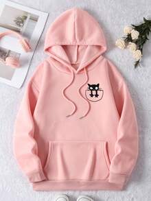 大码女式学院风黑色猫咪口袋图案卫衣，休闲长袖卫衣，适合春、夏、秋季穿着，也适合万圣节外出穿着。 - 粉色 - 查看 6