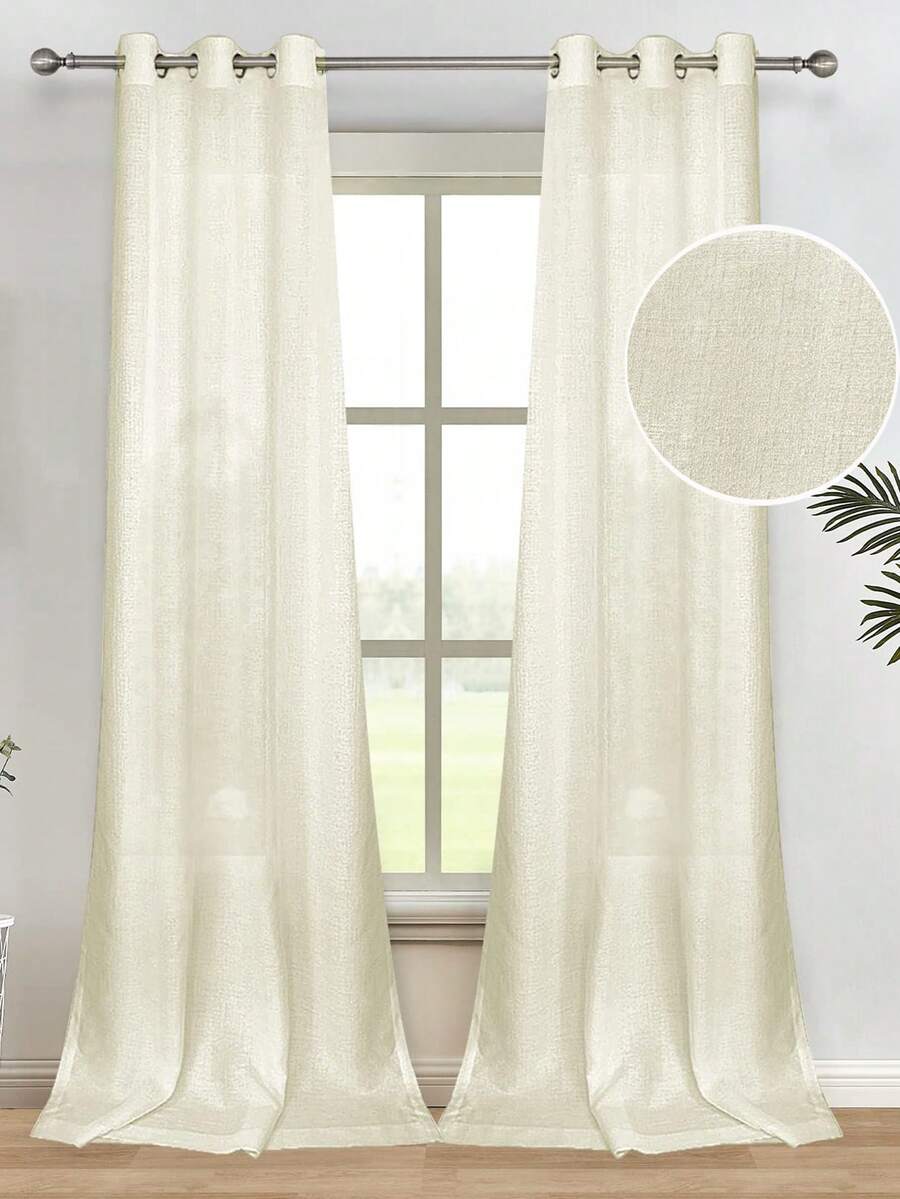 1 buah/2 buah Tirai Berbahan Linen - Tipis, Lubang Grommet di Bagian Atas untuk Memudahkan Pemasangan, Cocok untuk Dekorasi Ruang Tamu dan Kamar Tidur - Krem - View 1