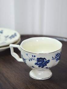 1件100毫升陶瓷法式浓缩咖啡杯碟，下午茶咖啡杯，优雅陶瓷咖啡杯碟，复古下午茶花茶具 - 藍花 - 查看 5