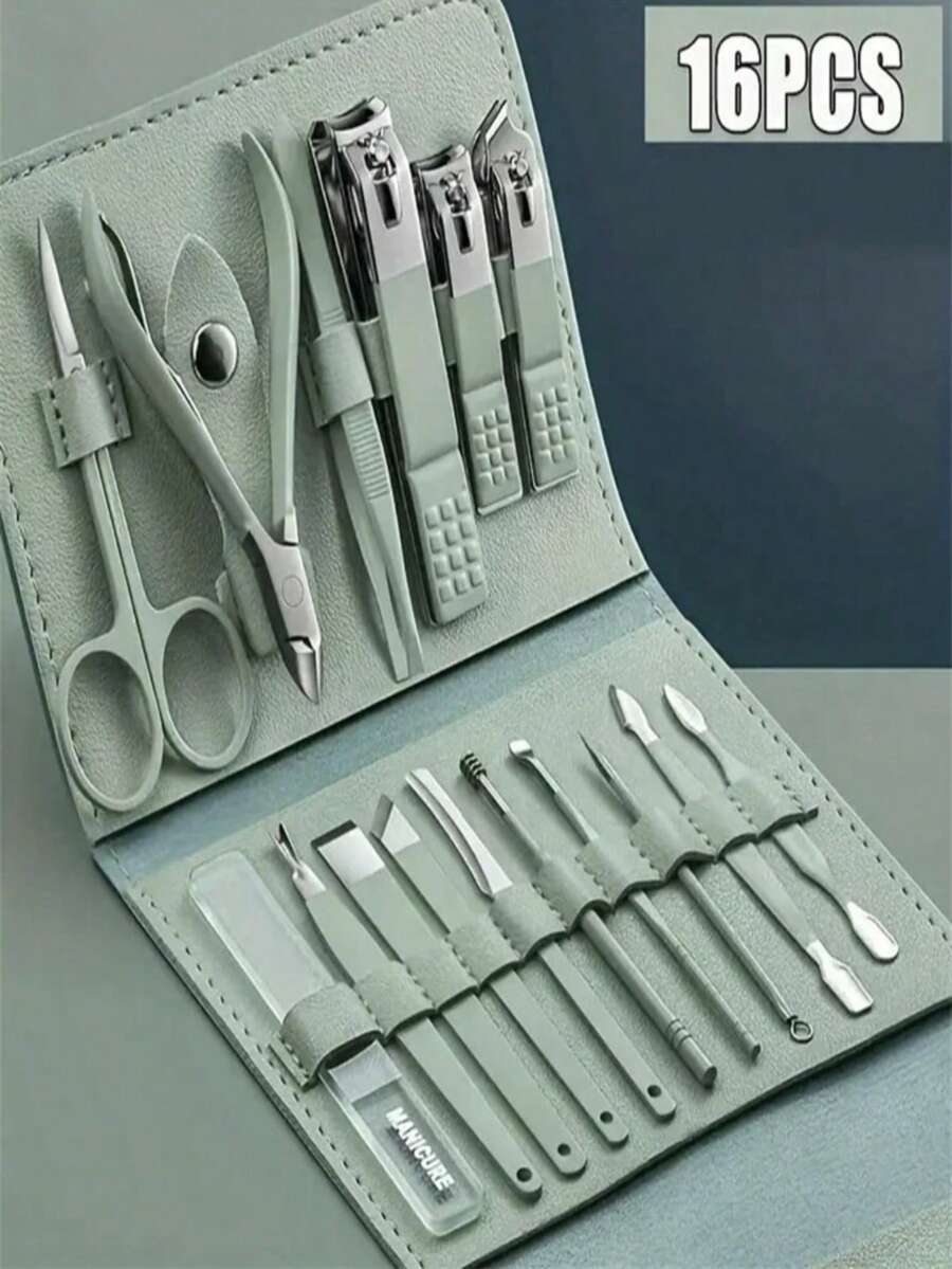 16 Pcs Nail Clippers Pedicure Scissors Nail Clipper Kit Stainless Steel Tool Set With Foldable Bag - 橄欖綠 - 查看 1