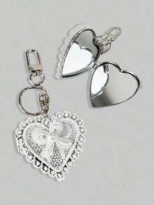 ROMWE Kawaii 1pc Lace Heart Bow Decor Mirror Keychain, Vintage Y2K Cute Versatile Bag Charm Valentines - Hồng - Xem 1
