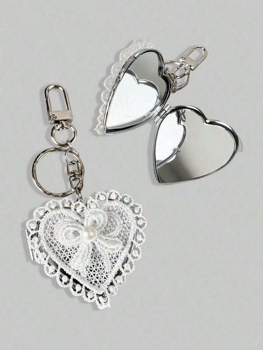 ROMWE Kawaii 1pc Lace Heart Bow Decor Mirror Keychain, Vintage Y2K Cute Versatile Bag Charm Valentines - Hồng - Xem 1