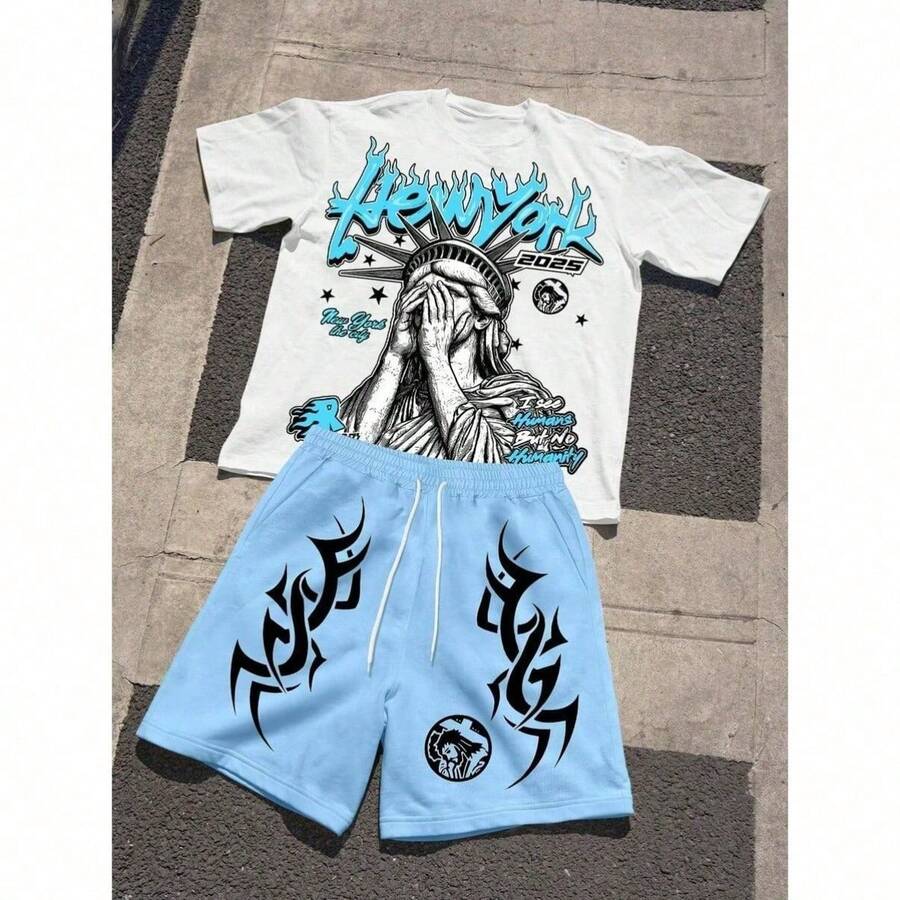 Men's Set With Statue Of Liberty Letter Print T-Shirt And Premium Cotton Streetwear Drawstring Shorts - White-blue Baby - View 1