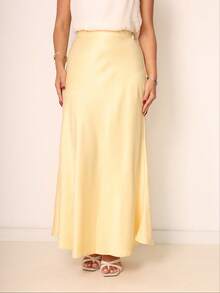 Satin Midi Skirt With Elastic - 黃色 - 查看 1
