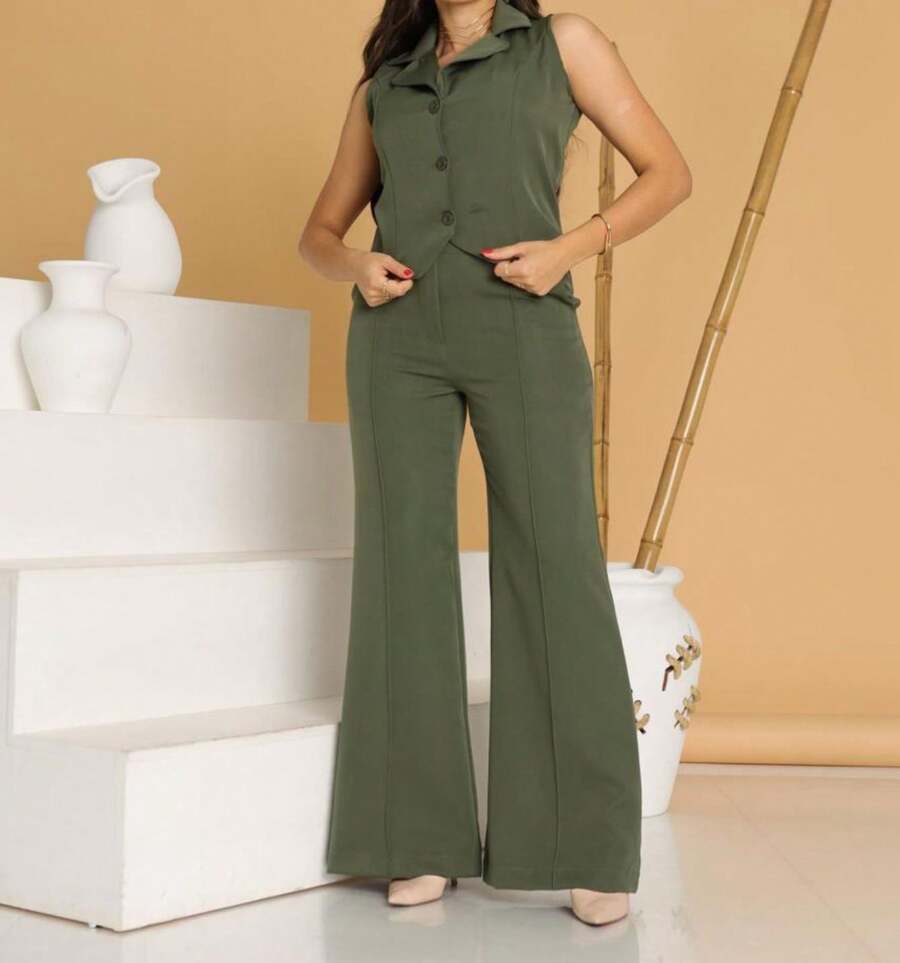 Elegant Tailored Vest And Wide-Leg Trousers Set - Green - View 1