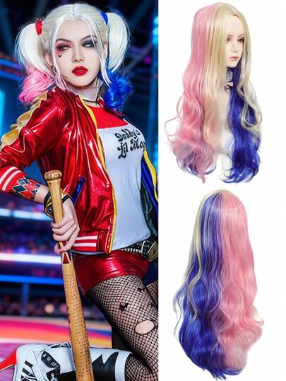 24Inch Long Wave Multicolor Blue Pink Blonde Cosplay Wigs Halloween Wigs Synthetic Heat-Resisting Wig For Women