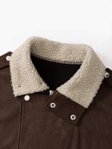 Women's Casual Retro Diagonal Zipper Faux Suede Short Jacket, Lapel Motorcycle Jacket - Brown - View 3