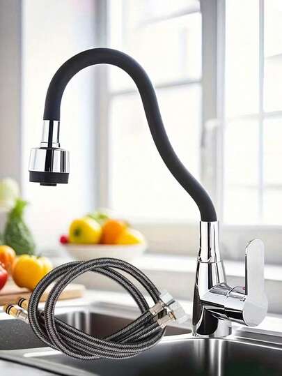 三件套现代360°旋转柔性厨房水龙头，单把手冷热水混合水龙头，台面安装式水槽水龙头，带柔性硅胶软管，抛光镀铬阀芯和底座，适用于现代厨房、浴室盥洗台、房车和家用水槽