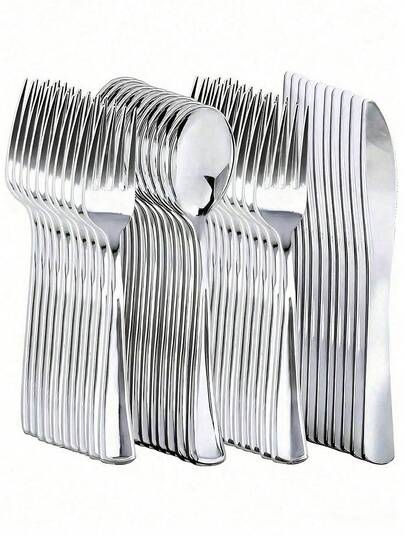 3pcs/15pcs/30pcs/50pcs/75pcs/150pcs Silver Plastic Cutlery Set, Includes Knives, Forks, Spoons, Suitable For Graduation Party, Wedding/Birthday/Holiday, Washable And Reusable, Kitchen, Christmas Gift, School Supplies