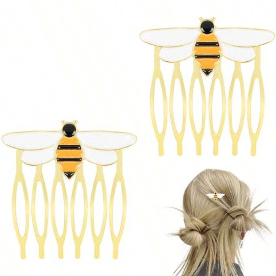 QY- Hair Side Combs French Teeth Hair Combs For Women Girl Hair Decorative Hair Pins For Styling Metal Hair Fork Comb Gold Hairpins Cute Hair Accessories Gift For Thin Hair Fine Hair Bee -6108 - 如圖 - 查看 1
