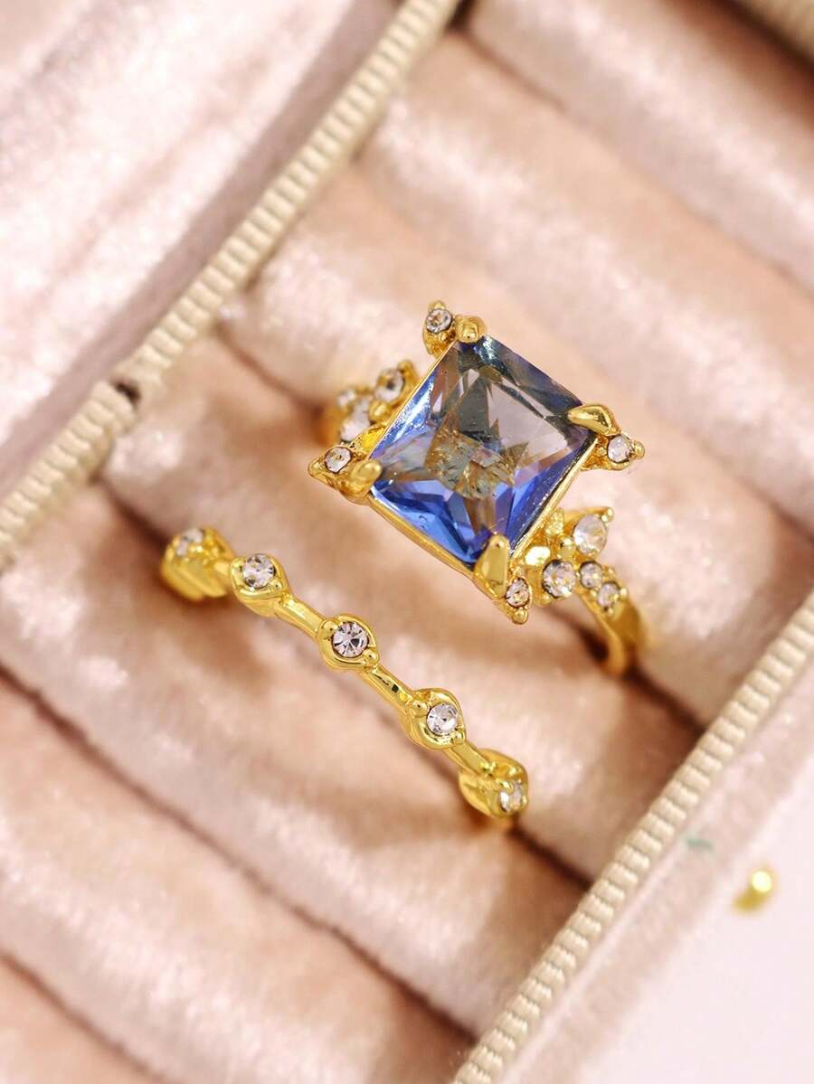 Bộ 2 nhẫn vàng kim cương giả màu xanh lam thời trang sang trọng cao cấp đa năng thanh lịch, thích hợp làm quà tặng cho bạn gái, nhẫn đính hôn cưới - Nhiều màu - Xem 1