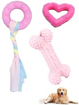 狗狗玩具、小型犬牵引绳玩具、幼犬互动咀嚼玩具、拔河玩具、洁牙玩具礼品、狗狗咬环咀嚼玩具、中小型犬出牙玩具、橡胶互动幼犬玩具（配布绳，蓝色、粉色、黄色），适合室内外玩耍、玩耍、训练、情人节，猫/狗礼物