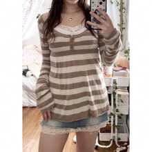 Women Babydoll Sweater Y2k Square Neck Button Front Stripe Knitted Long Sleeve Peplum Tops Fairy Grunge Flowy Tunic Tops - Màu be - Xem 4