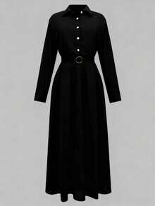 2026春秋新款女装设计：纯色、时尚弹力腰身、长袖连衣裙，饰有装饰纽扣；女士夏季长裙；夏季服装；女士夏季套装；春假套装；女士优雅连衣裙；女士休闲连衣裙；夏季度假套装 - 黑色 - 查看 3