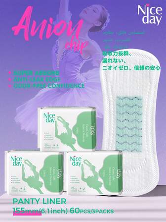 Niceday 155mm, 60pcs/3packs, Daily Negative Ion Sanitary Napkins, Soft Menstrual Pads, Super Absorbent, Extra Dry, Leak-Proof, Breathable, Non-Irritating, Comfortable For Intimate Area
