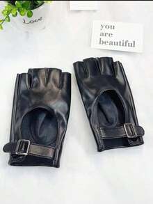 1pair Women's Black Half Finger Leather Gloves With Adjustable Width Metal Buckle For Motorcycle - màu đen - Xem 4