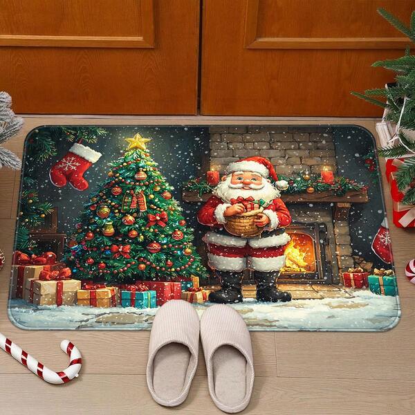 1pc Christmas Doormat - Christmas Scene Design With Santa Claus And Christmas Tree, Polyester Rectangular Rug Suitable For Kitchen, Bathroom, Laundry Room, Entryway, Bedroom, Patio, Garden, Holiday Decor