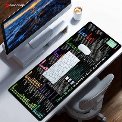 Excel Shortcut Key Mouse Pad - Extended Gaming & Office Spreadsheet Mat With Anti-Slip Stitched Edges, High Quality Surface, Quick Reference To 100+ Functions & VBA Coding For Productivity & Excel Users, Xl Mouse Pads For Desk - Non-Slip Rubber Base, Stitched Edges, Washable,Ideal For Gaming & Office Use