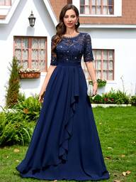 MIUSOL Sequin Floral Lace Round Neck Half Sleeve Chiffon Asymmetrical Ruched Hem Formal Party Maxi Dress, Elegant Women Dress, Prom Dress, For Wedding Guest, Graduation, Dinner