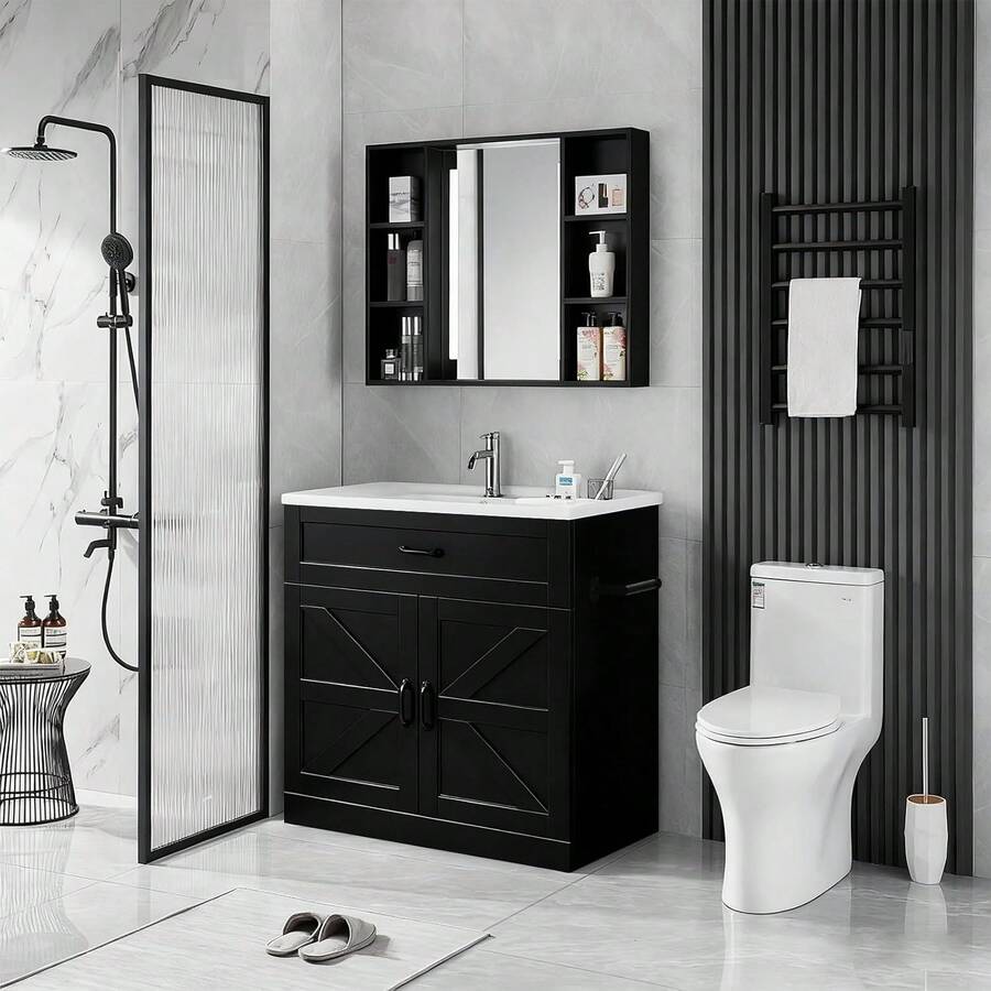 31 Inch Bathroom Vanity With Sink, Farmhouse Freestanding Bathroom Cabinet With Drawer & 2 Barn Doors, Black/ White - 黑色 - 查看 1