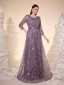 女士新款圆领亮片蕾丝腰带优雅A字晚礼服婚纱春季 - 淺灰紫 - 查看 5