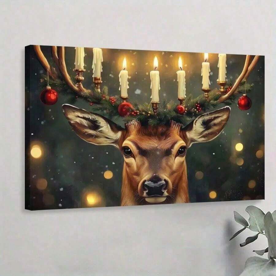1pc Framed Christmas Canvas Poster,Festive Reindeer Print, Christmas Candle Antler Decor, Unique Holiday Wall Art Canvas Painting For Living Room Corridor Christmas Home Decor, Holiday Room Decor, Winter Room Decor, Ideal Gift For Christmas, Ready To Hang, For Christmas/ Christmas Decor, 2D Flat - White - View 1