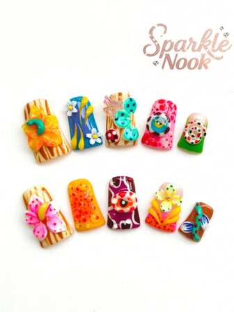 10件套纯手工可穿戴指甲，25毫米鸭嘴指甲，2025新千禧风格美甲套装，甜美Y2k风格，按压式指甲，短指甲，美甲用品，海滩必备品，夏季短指甲可爱指甲，美甲，明星风格，畅销品，轻奢高端触感，高端法式风格