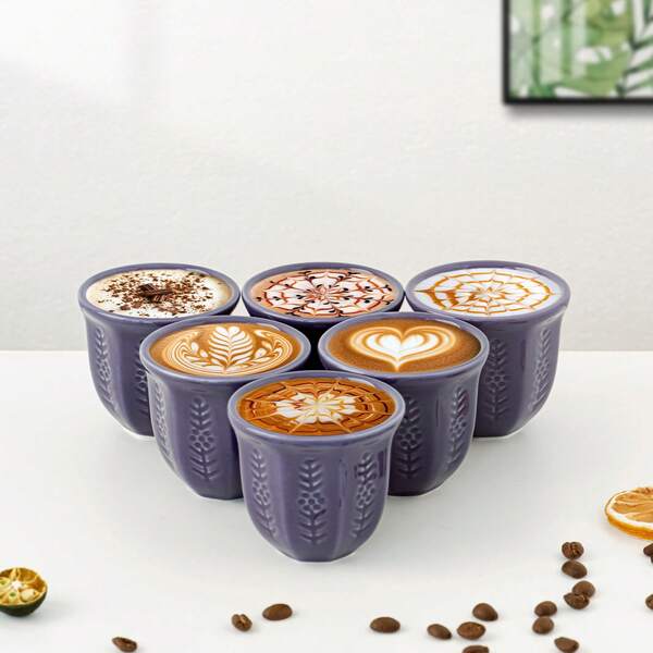 6pcs Cute Flower Coffee Cups 100ml, Embossed Flower Pattern, Arabic Ceramic Tea Cups, Saudi Espresso Cups, Elegant Gift For Ramadan & Eid, Pink Cup Set