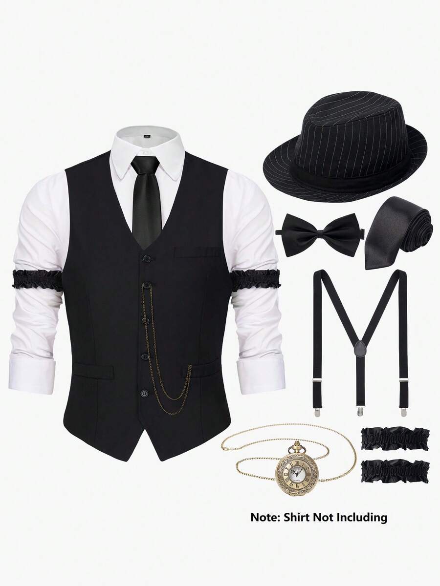 1920s Mens Costume,Roaring 20s Costumes For Men,Gatsby Costume Men,1920s Mens Outfit Hat Vest Pocket Watch Tie-Not Including The Shirt - Mũ sọc đen - Xem 1