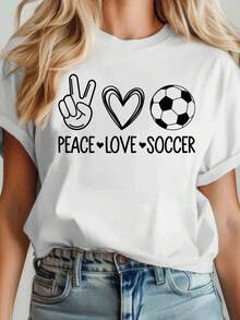 Peace Love Soccer T-Shirt For Women - Cute Graphic Tee With Peace Sign, Heart, And Football Design - Perfect For Soccer Fans, Casual Wear, Sports Events, And Everyday Outfits - 白色 - 查看 1