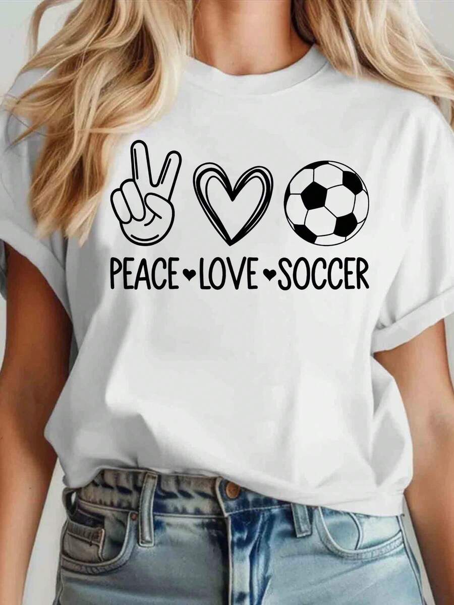 Peace Love Soccer T-Shirt For Women - Cute Graphic Tee With Peace Sign, Heart, And Football Design - Perfect For Soccer Fans, Casual Wear, Sports Events, And Everyday Outfits - 白色 - 查看 1