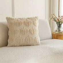 1/2Pcs Autumn Pumpkin Throw Pillow Cover - Soft Suede Jacquard, Zipper Closure, Beige With Orange Pumpkin Design, 18x18 Inches - Soft Fall Decor For Sofas And Bedrooms, Farmhouse Style, Holiday Home Decor, Decorative Throw Pillow,Sofa Bed Decor For Halloween, Thanksgiving, Christmas