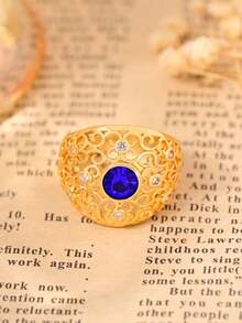 Anel vintage de cobre com zircônia sintética e design geométrico clássico, em tom dourado, joia de luxo para mulheres, perfeito para casamentos, banquetes e celebrações do Ramadã, acessório para todas as estações, joia vintage.